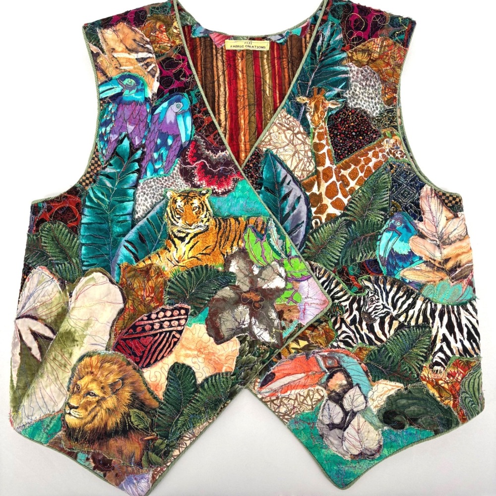 Fiji Fabric Creations Jungle Safari Quilted Artisan Vest Animal Collage Multi